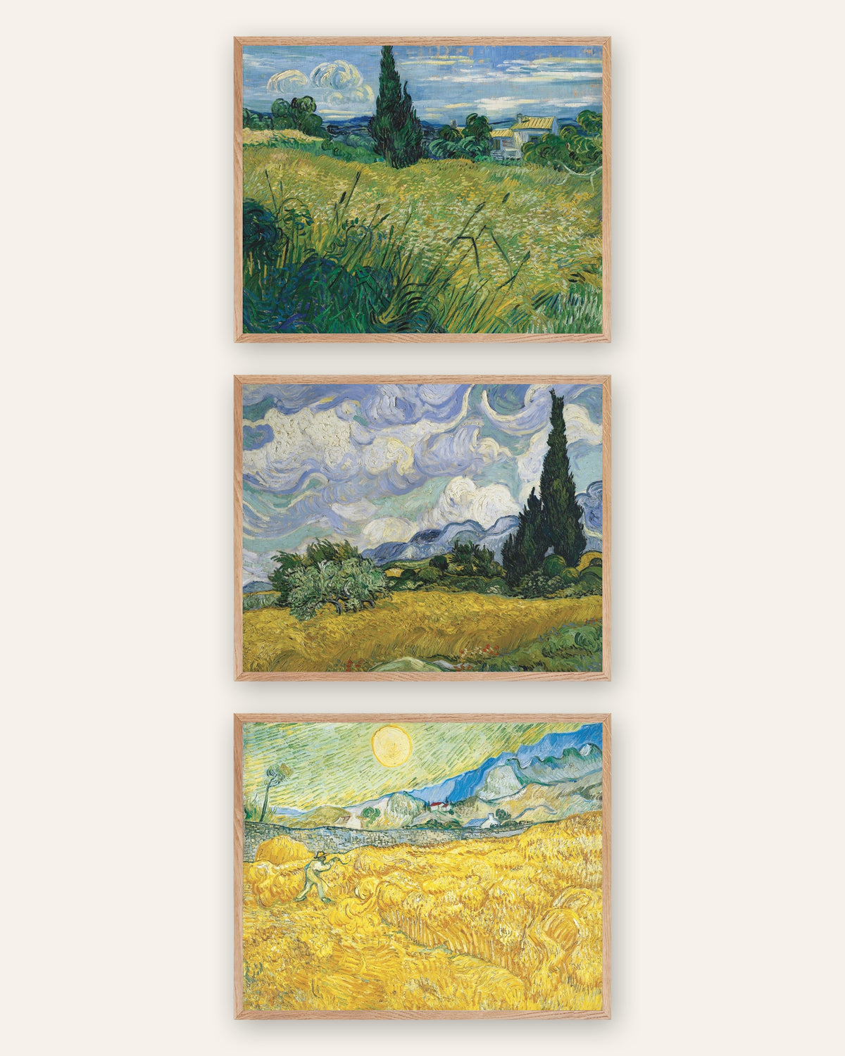 Pósters de Van Gogh, campos de trigo, conjunto de 3: cipreses y cosecha, con marcos de roble natural
