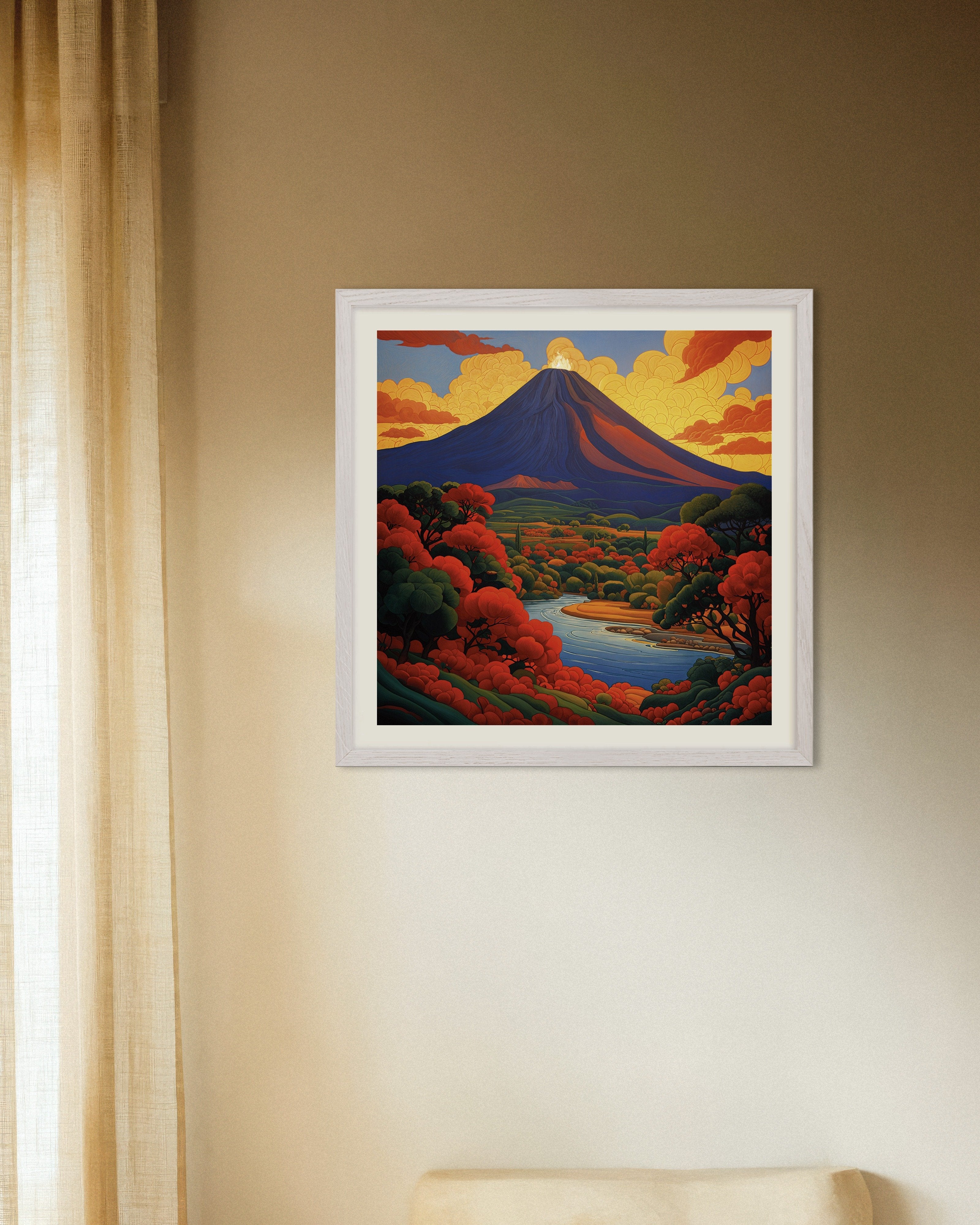 Poster of Volcano poster, mystical symbolist composition, with white wooden frame