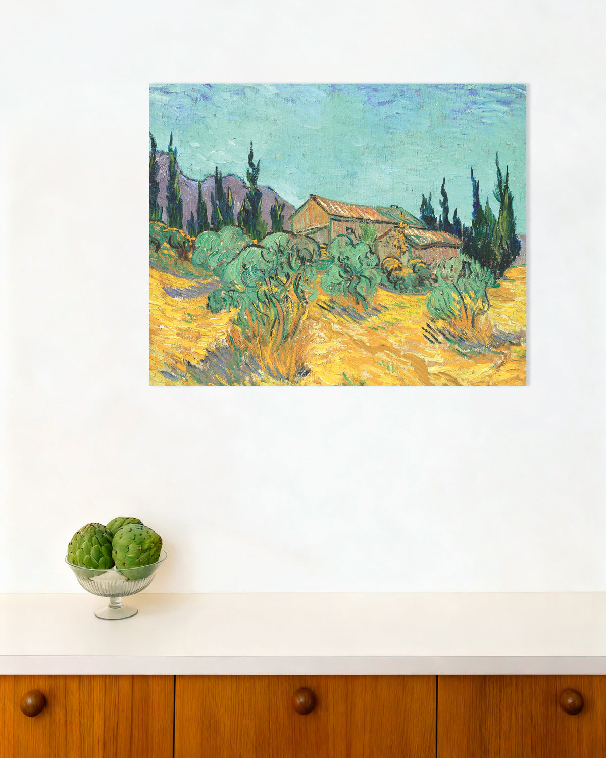 Póster de Cabañas de madera entre olivos y cipreses (1889), de Vincent van Gogh